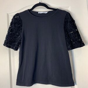 CONTEMPORAIRE SIMONS Black Top Velvet Floral Sheer Sleeves XS Chic